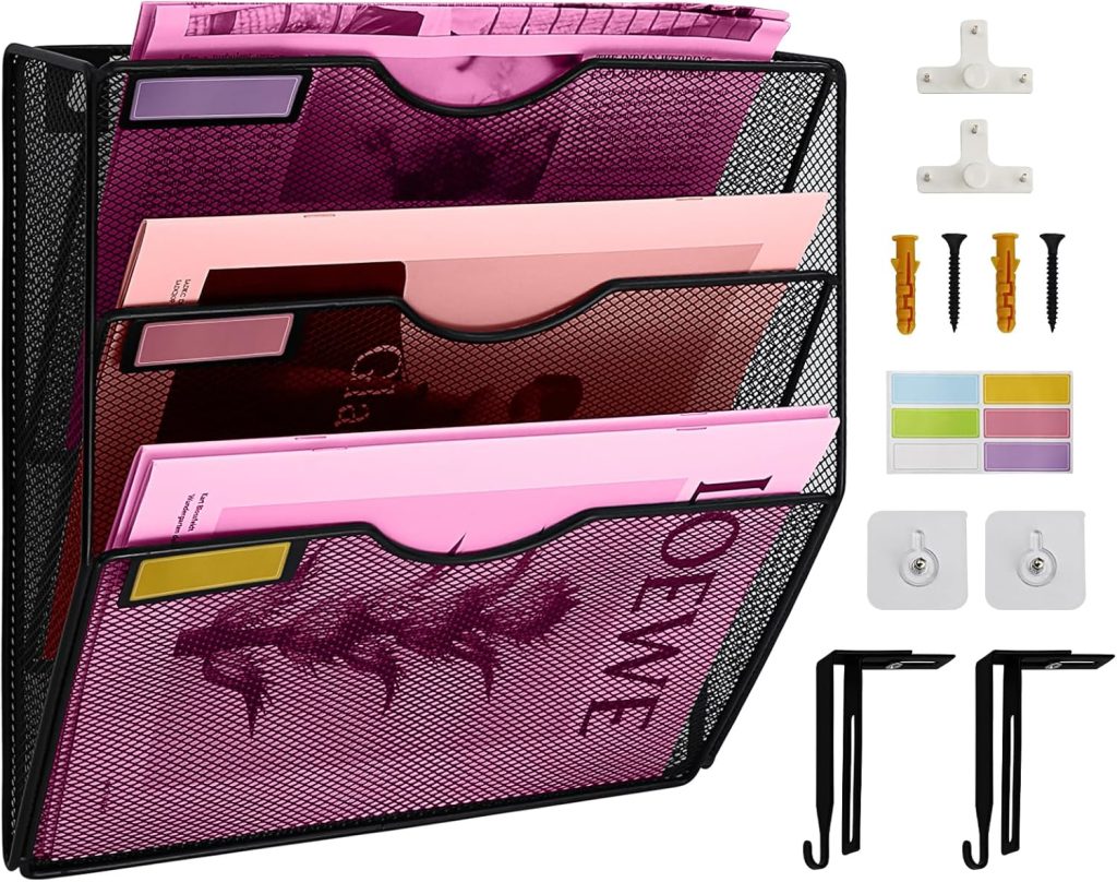 3 Pockets Mesh Wall File Holder Organizer Office Hanging File Folder Magazine Rack, Nametag Label Hooks Set Included, Black