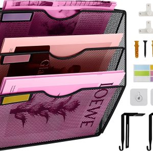 3 Pockets Mesh Wall File Holder Organizer Office Hanging File Folder Magazine Rack, Nametag Label Hooks Set Included, Black