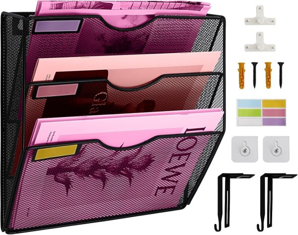 3 Pockets Mesh Wall File Holder Organizer Office Hanging File Folder Magazine Rack, Nametag Label Hooks Set Included, Black