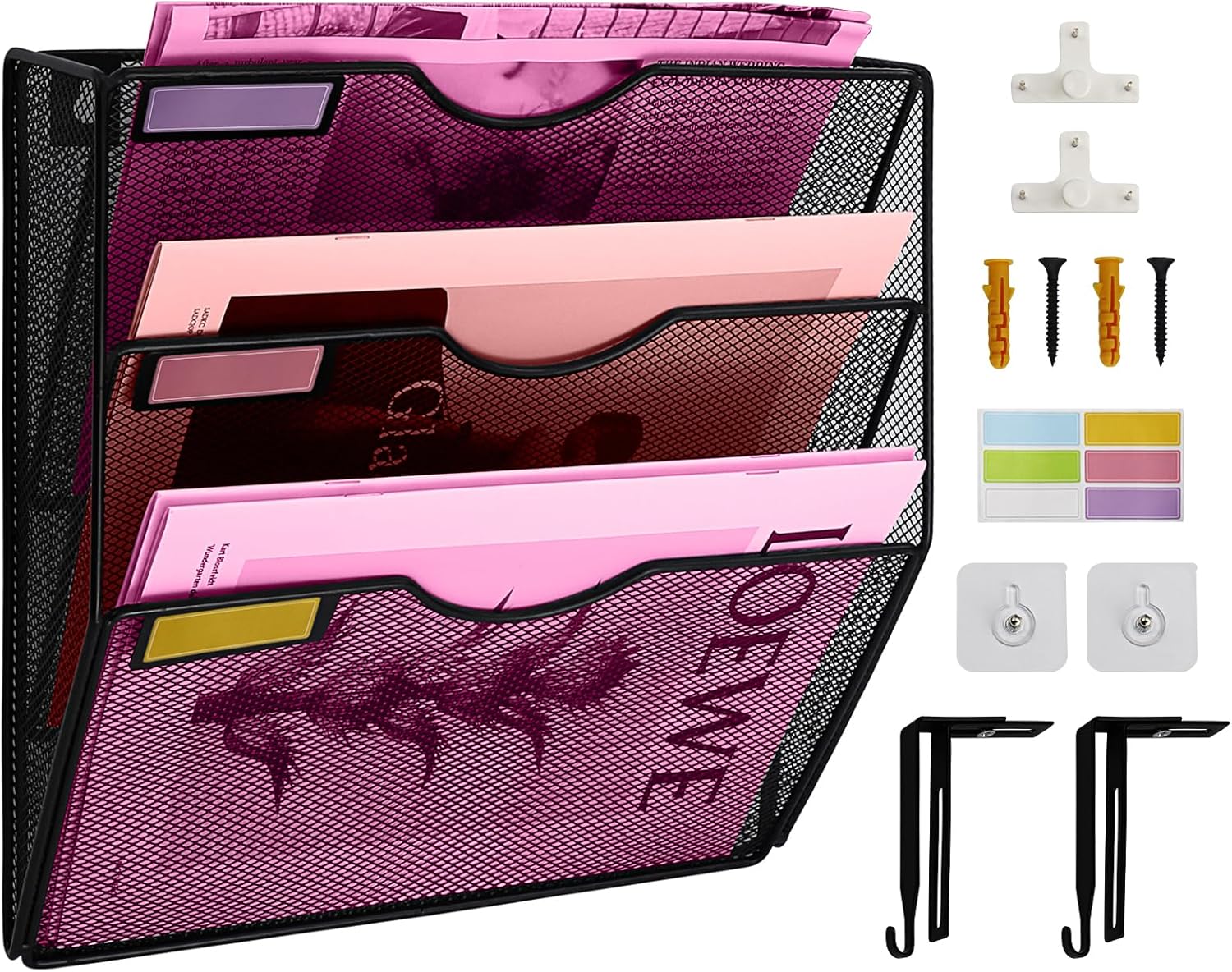 3 Pockets Mesh Wall File Holder Organizer Office Hanging File Folder Magazine Rack, Nametag Label Hooks Set Included, Black
