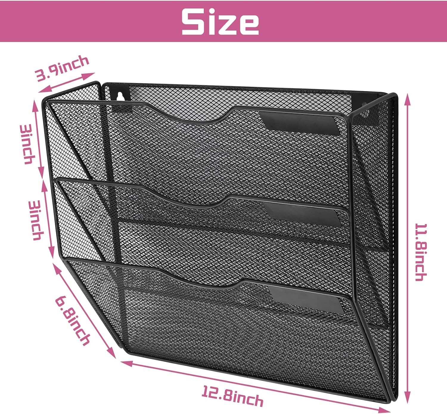 3 Pockets Mesh Wall File Holder Organizer Office Hanging File Folder Magazine Rack, Nametag Label Hooks Set Included, Black - Image 2
