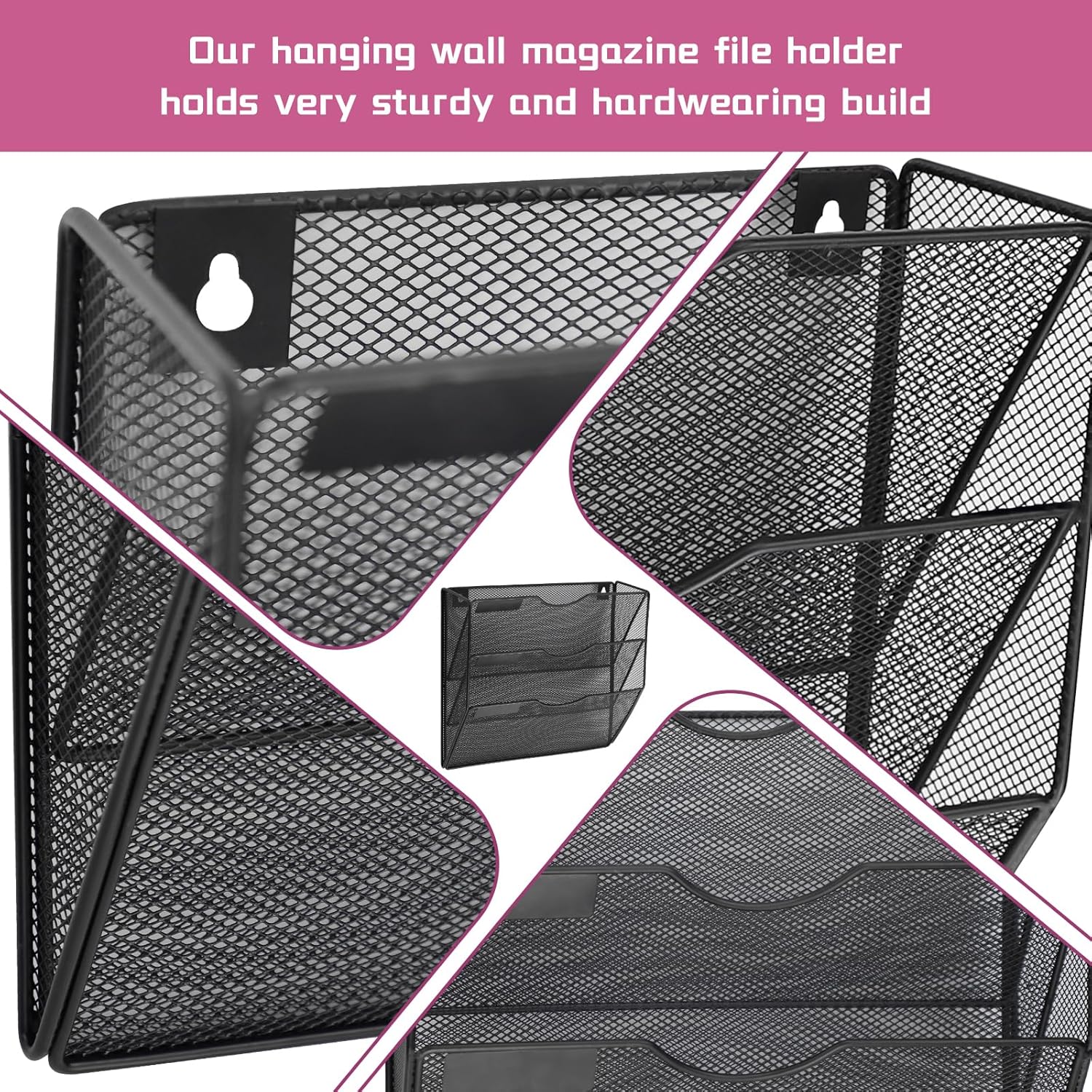 3 Pockets Mesh Wall File Holder Organizer Office Hanging File Folder Magazine Rack, Nametag Label Hooks Set Included, Black - Image 3