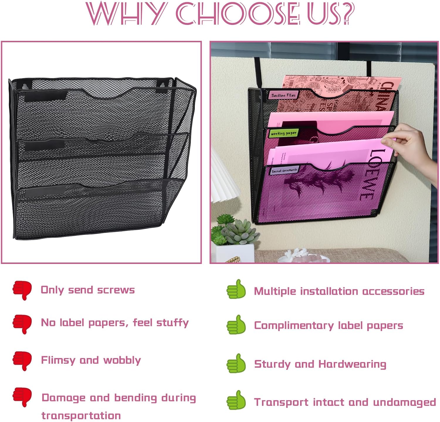 3 Pockets Mesh Wall File Holder Organizer Office Hanging File Folder Magazine Rack, Nametag Label Hooks Set Included, Black - Image 4