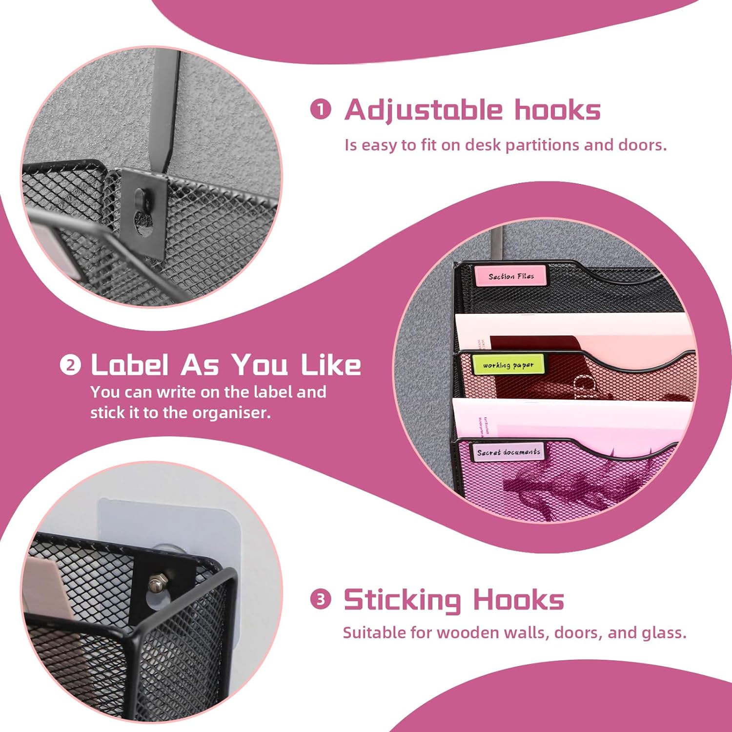 3 Pockets Mesh Wall File Holder Organizer Office Hanging File Folder Magazine Rack, Nametag Label Hooks Set Included, Black - Image 5