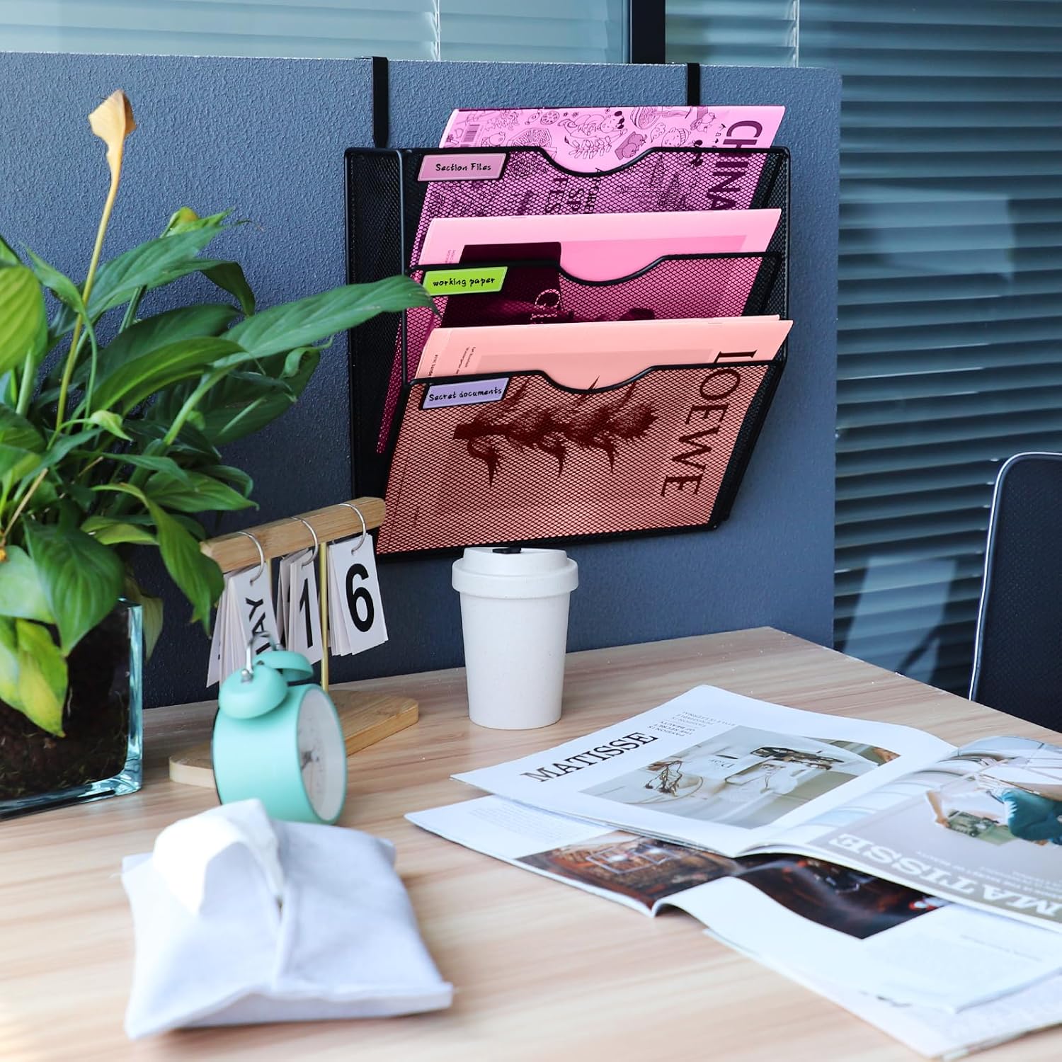 3 Pockets Mesh Wall File Holder Organizer Office Hanging File Folder Magazine Rack, Nametag Label Hooks Set Included, Black - Image 7