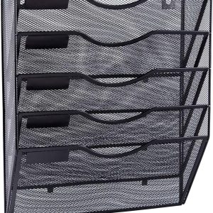 EASEPRES 5 Pocket Mesh Hanging Wall File Organizer, Wall Mounted Mail Paper Document Folder Holder, Clipboard Storage Organization Magazine Rack with Nametag Label for Office Home School, Black