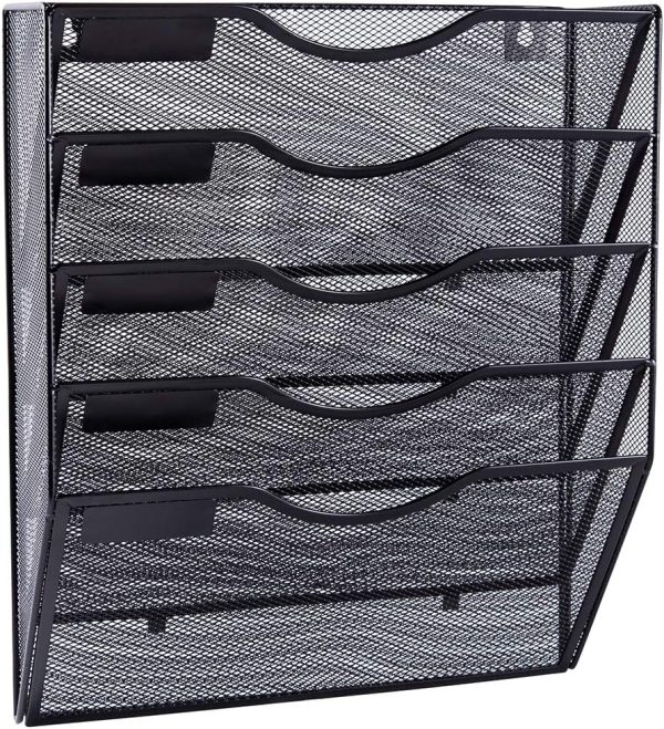 EASEPRES 5 Pocket Mesh Hanging Wall File Organizer, Wall Mounted Mail Paper Document Folder Holder, Clipboard Storage Organization Magazine Rack with Nametag Label for Office Home School, Black
