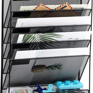 EASEPRES Desk File Organizer Mesh 5-Tier, Hanging Wall Mount Document Organization Stand, Desktop Vertical Mail Paper Folder Holder Rack with Bottom Tray for Office Home Cubicle Countertop, Black