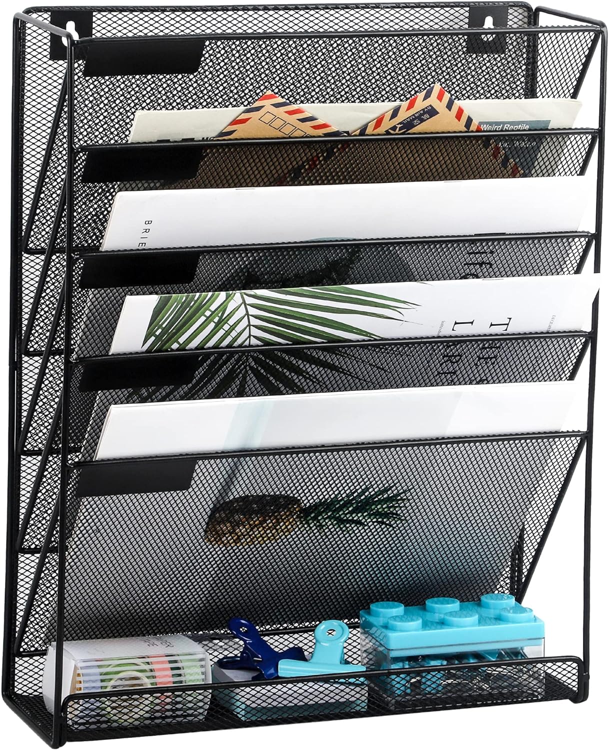 EASEPRES Desk File Organizer Mesh 5-Tier, Hanging Wall Mount Document Organization Stand, Desktop Vertical Mail Paper Folder Holder Rack with Bottom Tray for Office Home Cubicle Countertop, Black