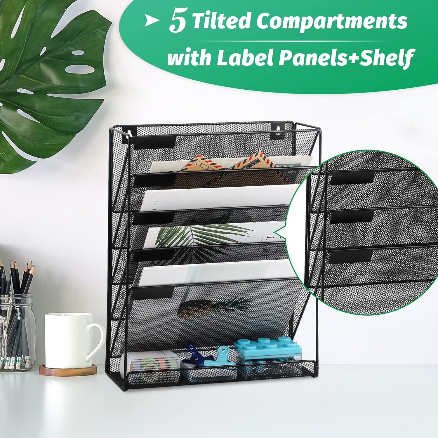 EASEPRES Desk File Organizer Mesh 5-Tier, Hanging Wall Mount Document Organization Stand, Desktop Vertical Mail Paper Folder Holder Rack with Bottom Tray for Office Home Cubicle Countertop, Black - Image 3