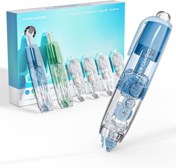 Refillable Retractable White Out Correction Tape, 2PCS Cute White Out with 4 Extra Refills, Easy to Use Mini Aesthetic Pen Shaped Applicator for School Office Supplies (Blue Green)