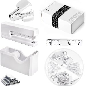 White Office Supplies Desk Accessory Kit,Set of Stapler,Tape Dispenser,Staple Remover,1000pcs Staples,Tape Measure and 72Pcs office supplies