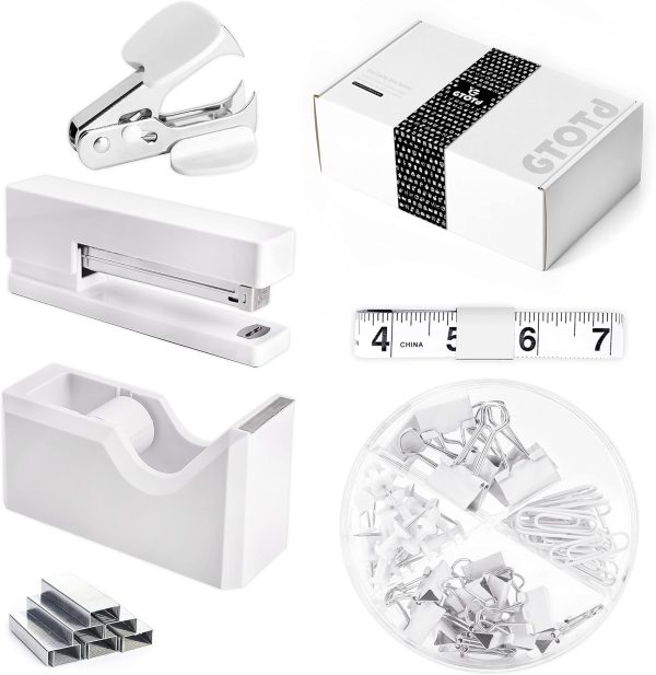 White Office Supplies Desk Accessory Kit,Set of Stapler,Tape Dispenser,Staple Remover,1000pcs Staples,Tape Measure and 72Pcs office supplies