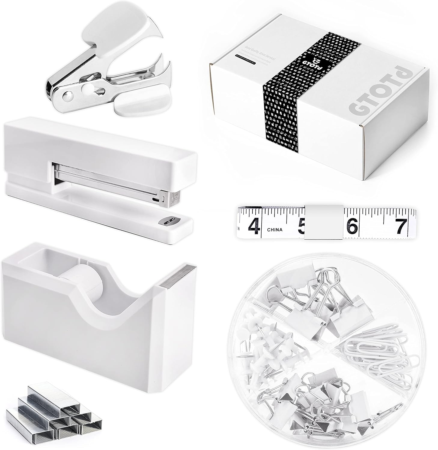 White Office Supplies Desk Accessory Kit,Set of Stapler,Tape Dispenser,Staple Remover,1000pcs Staples,Tape Measure and 72Pcs office supplies
