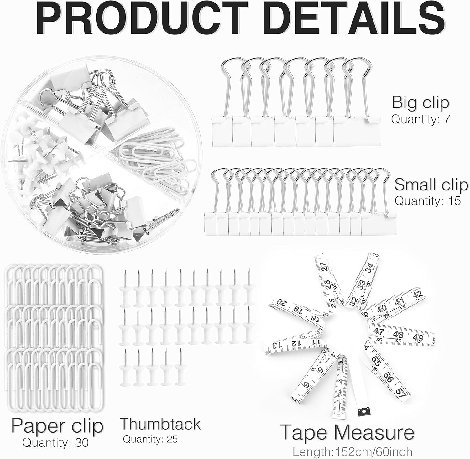 White Office Supplies Desk Accessory Kit,Set of Stapler,Tape Dispenser,Staple Remover,1000pcs Staples,Tape Measure and 72Pcs office supplies - Image 5