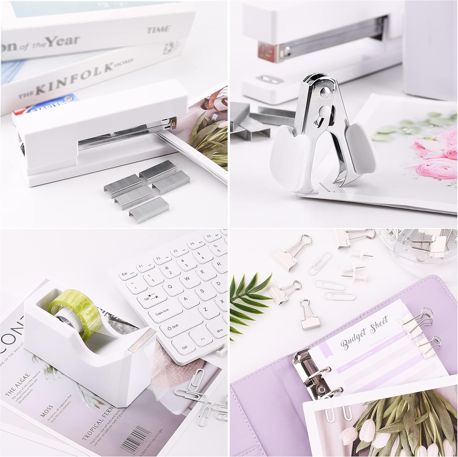 White Office Supplies Desk Accessory Kit,Set of Stapler,Tape Dispenser,Staple Remover,1000pcs Staples,Tape Measure and 72Pcs office supplies - Image 6